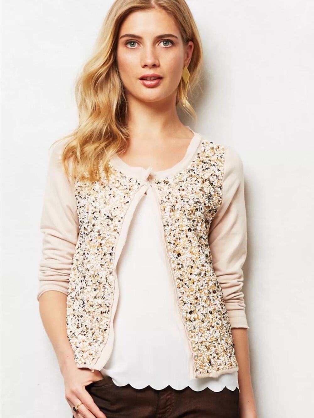 Anthropologie postmark paillette Sequin-Front Light Pink Womens Cardigan Sweater